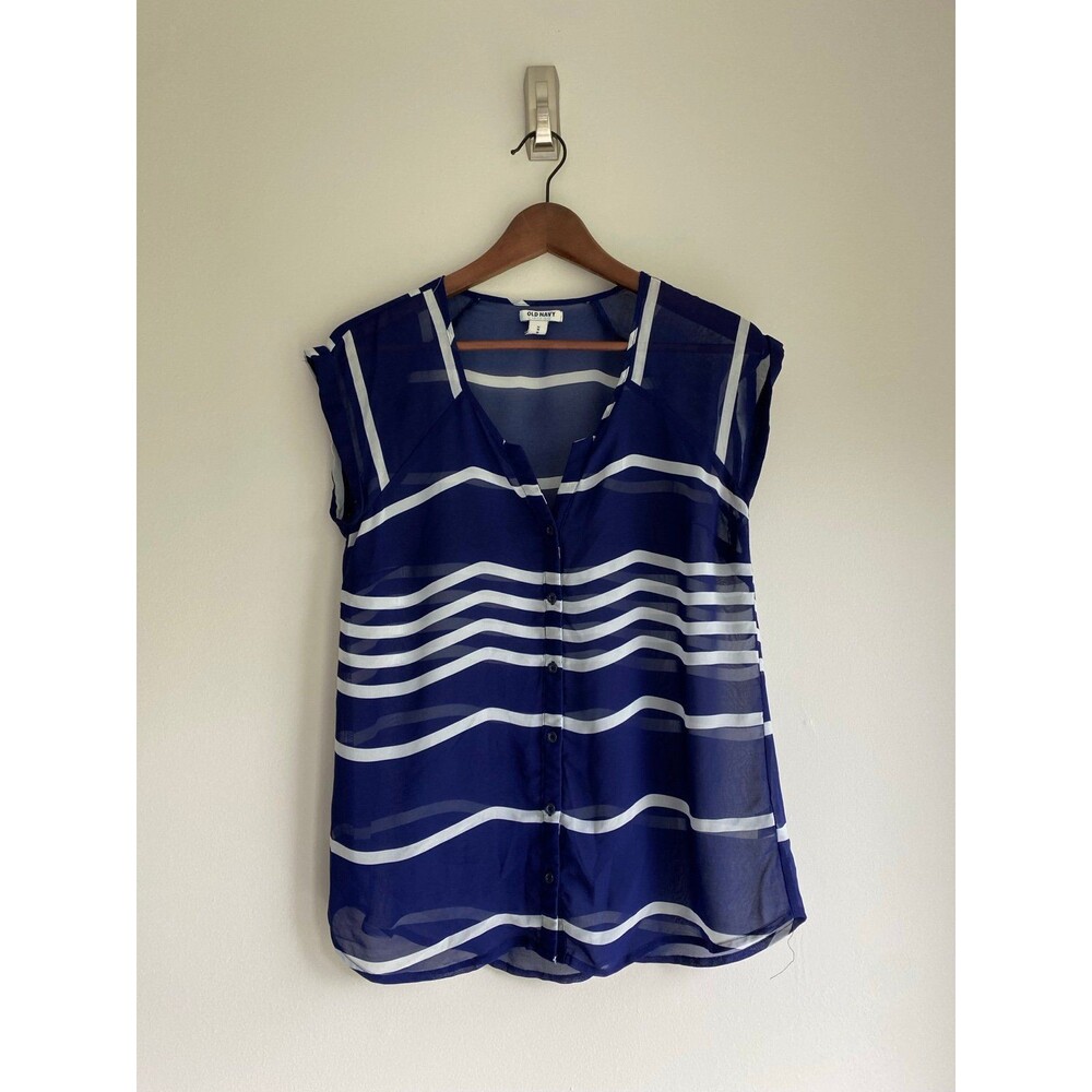Old Navy Sheer Navy and White Striped Cap Sleeve Blouse - Size M